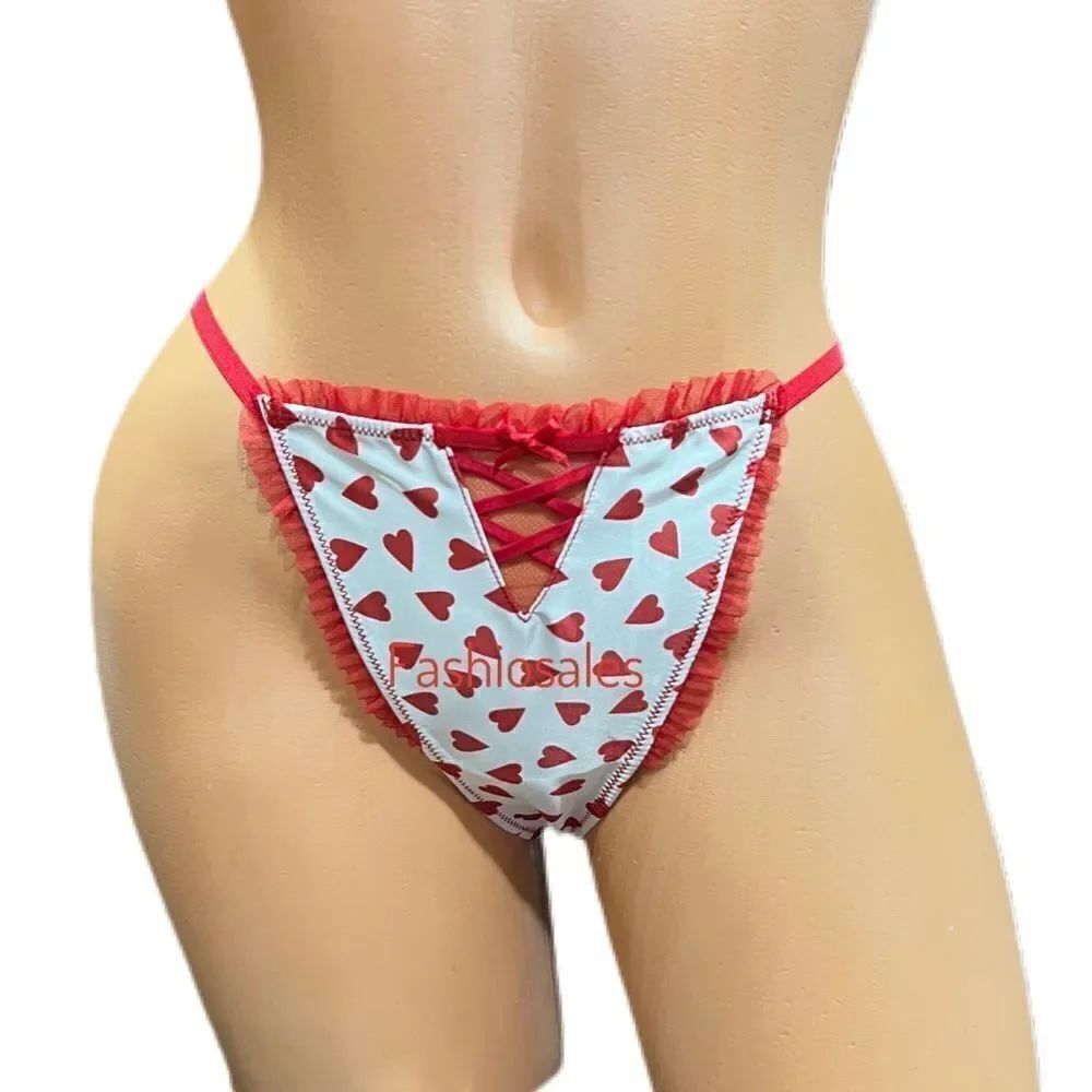 Victorias Secret Dream Angels Soft Satin Ruffle Trim V String  Panty Red Hearts